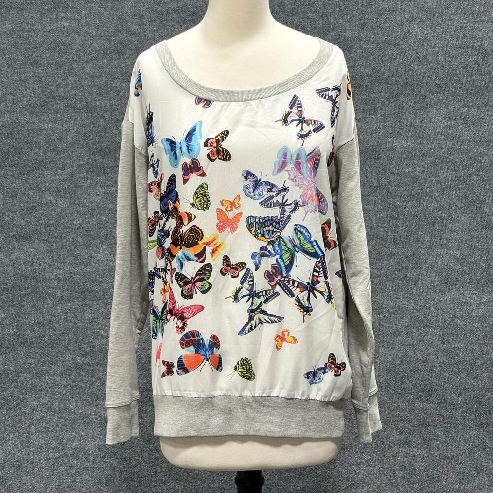 Boston Proper Sweatshirt Womens M Gray Butterfly Graphic Scoop Neck Knit Sweater